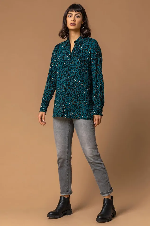 Women Teal Animal Print Jersey Buttoned Shirt Roman Tops