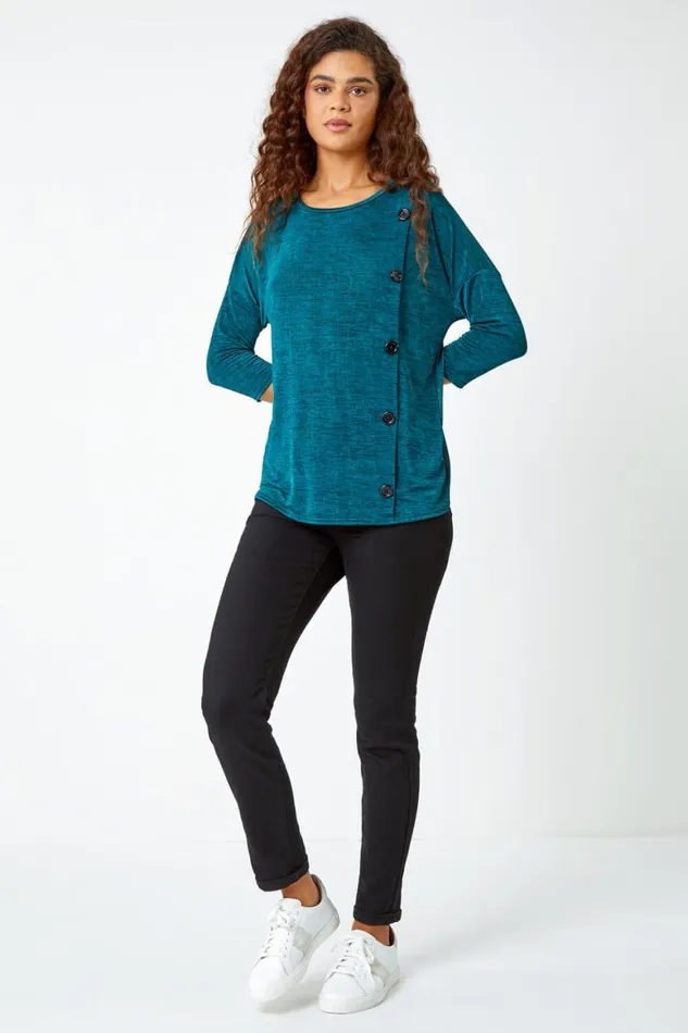 Women Teal Button Detail Marl Stretch Top Roman Tops
