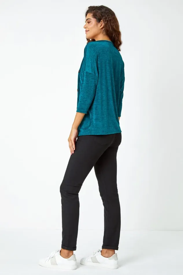 Women Teal Button Detail Marl Stretch Top Roman Tops