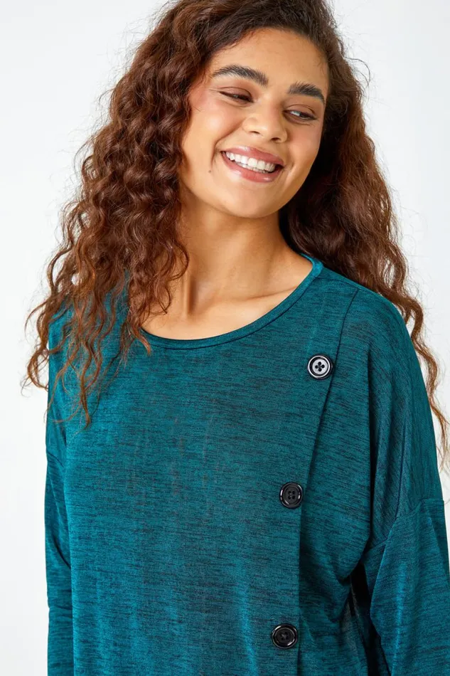 Women Teal Button Detail Marl Stretch Top Roman Tops
