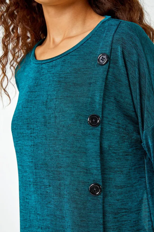 Women Teal Button Detail Marl Stretch Top Roman Tops