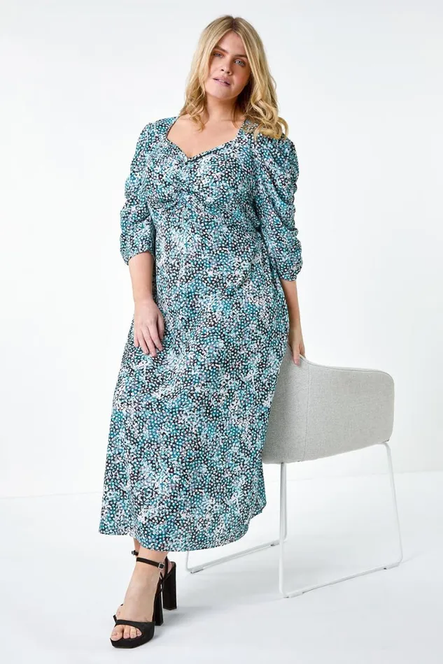 Women Teal Curve Abstract Spot Ruched Midi Dress Roman Dresses