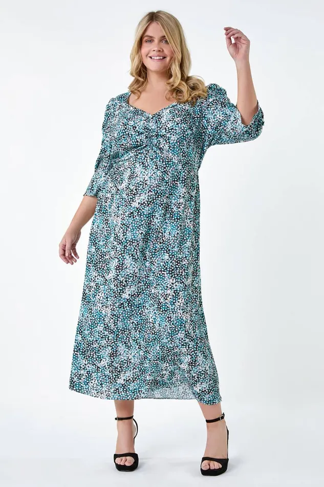 Women Teal Curve Abstract Spot Ruched Midi Dress Roman Dresses