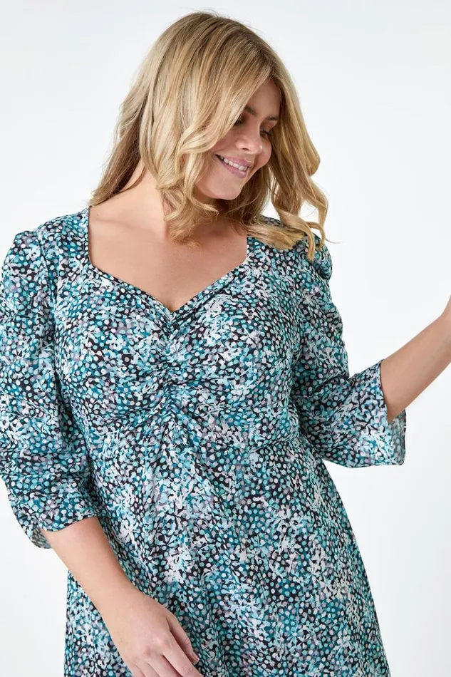 Women Teal Curve Abstract Spot Ruched Midi Dress Roman Dresses