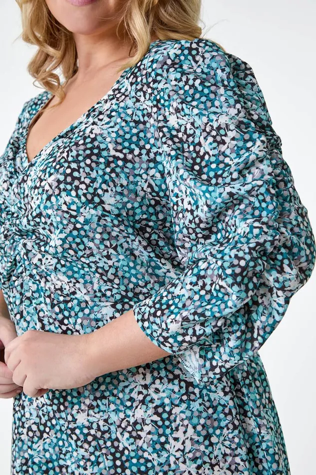Women Teal Curve Abstract Spot Ruched Midi Dress Roman Dresses