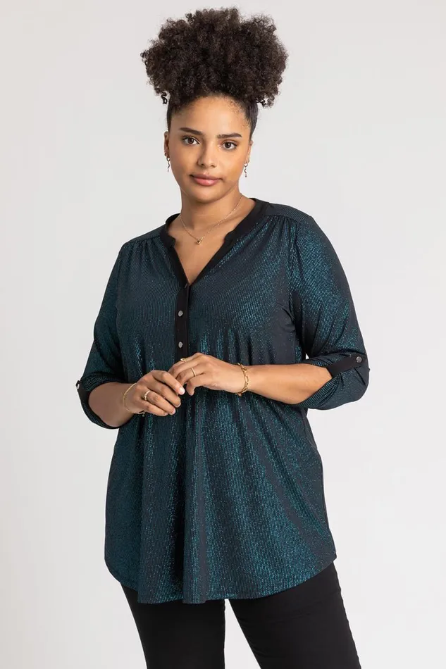 Women Teal Curve Glitter Stripe Button Detail Top Roman Tops