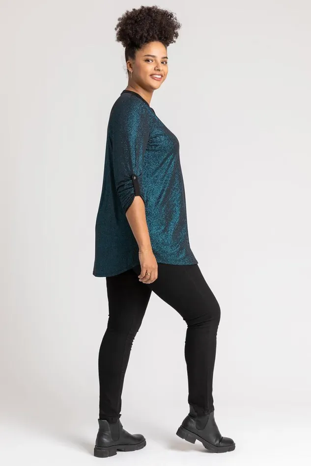 Women Teal Curve Glitter Stripe Button Detail Top Roman Tops