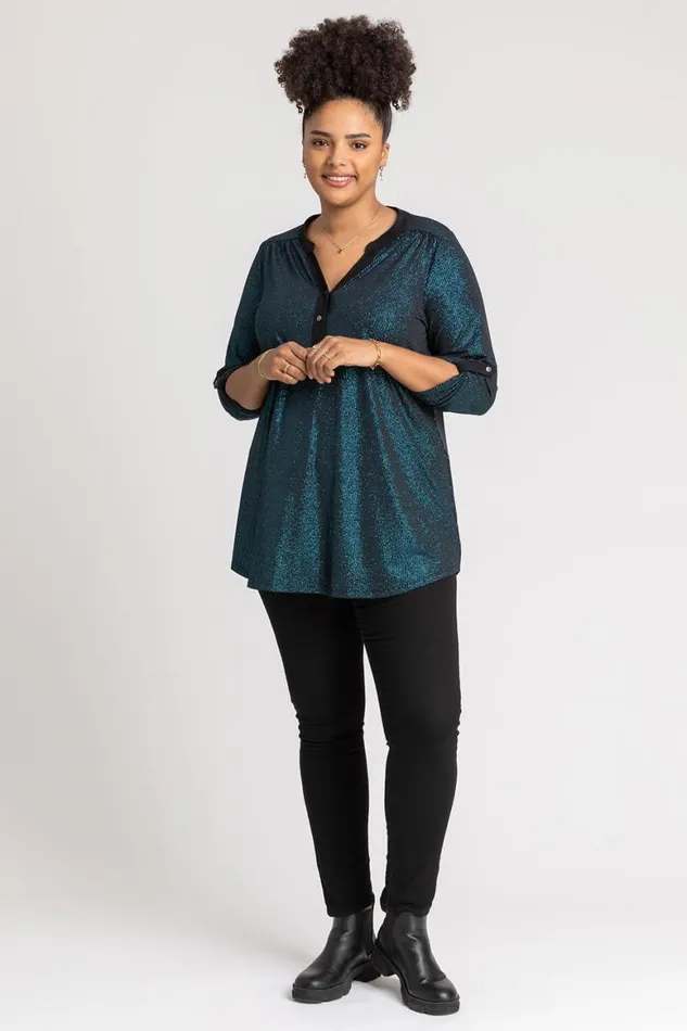 Women Teal Curve Glitter Stripe Button Detail Top Roman Tops