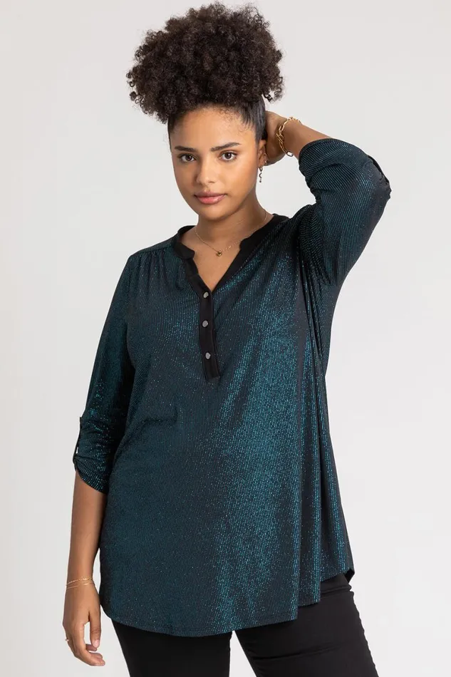 Women Teal Curve Glitter Stripe Button Detail Top Roman Tops