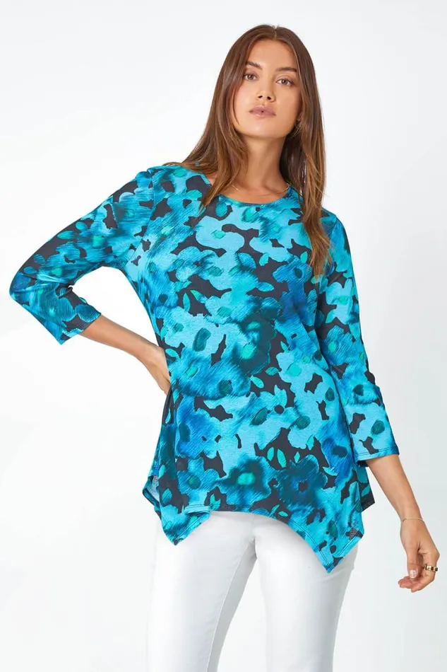 Women Teal Floral Print Mesh Hanky Hem Top Roman Tops