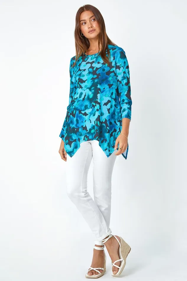 Women Teal Floral Print Mesh Hanky Hem Top Roman Tops