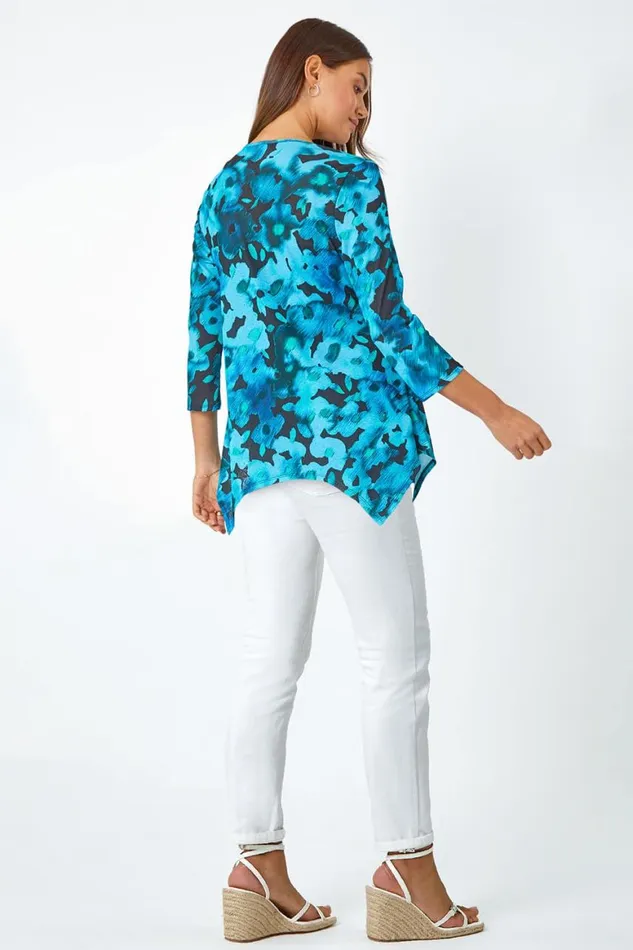 Women Teal Floral Print Mesh Hanky Hem Top Roman Tops