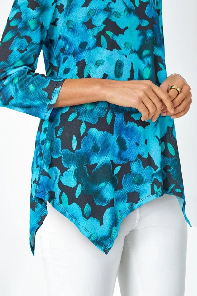 Women Teal Floral Print Mesh Hanky Hem Top Roman Tops
