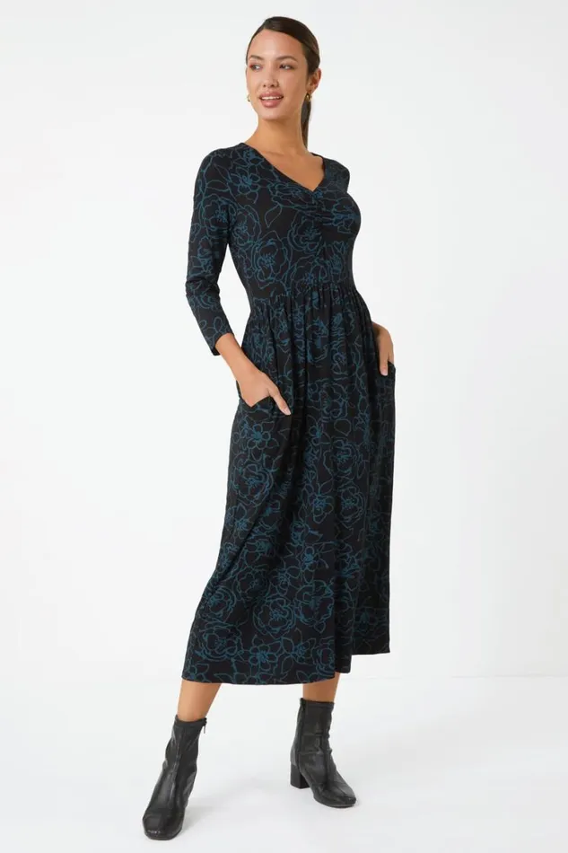 Women Teal Floral Print Pocket Stretch Midi Dress Roman Dresses