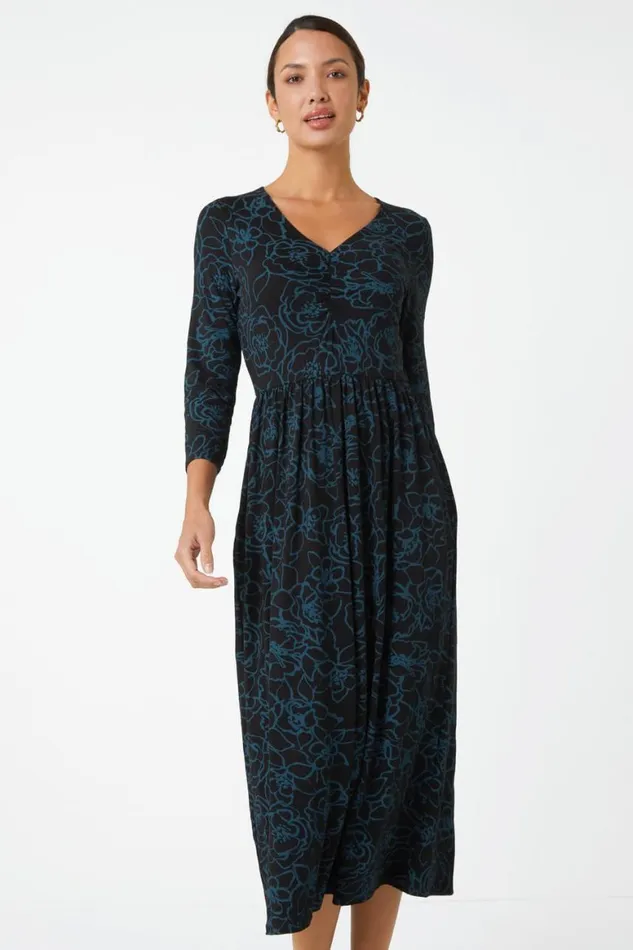 Women Teal Floral Print Pocket Stretch Midi Dress Roman Dresses