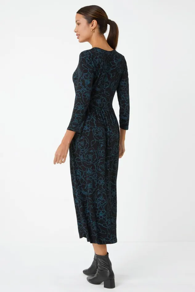 Women Teal Floral Print Pocket Stretch Midi Dress Roman Dresses