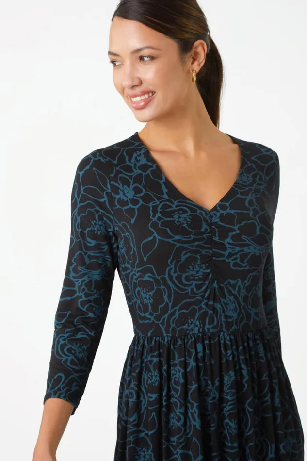 Women Teal Floral Print Pocket Stretch Midi Dress Roman Dresses