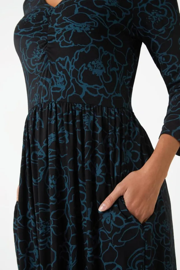 Women Teal Floral Print Pocket Stretch Midi Dress Roman Dresses