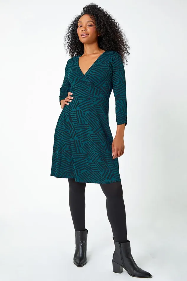 Women Teal Petite Mock Wrap Abstract Stretch Dress Roman Dresses