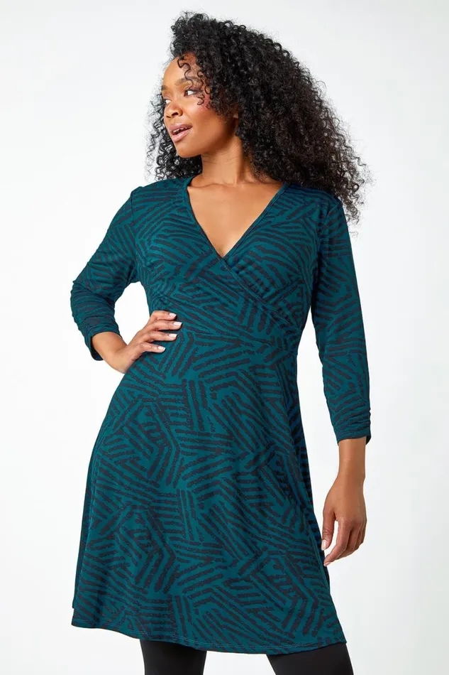 Women Teal Petite Mock Wrap Abstract Stretch Dress Roman Dresses