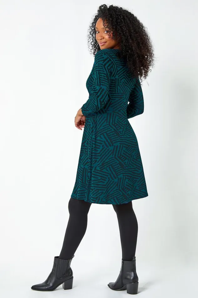 Women Teal Petite Mock Wrap Abstract Stretch Dress Roman Dresses