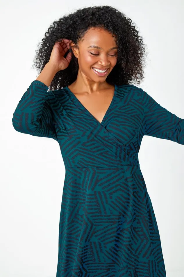 Women Teal Petite Mock Wrap Abstract Stretch Dress Roman Dresses