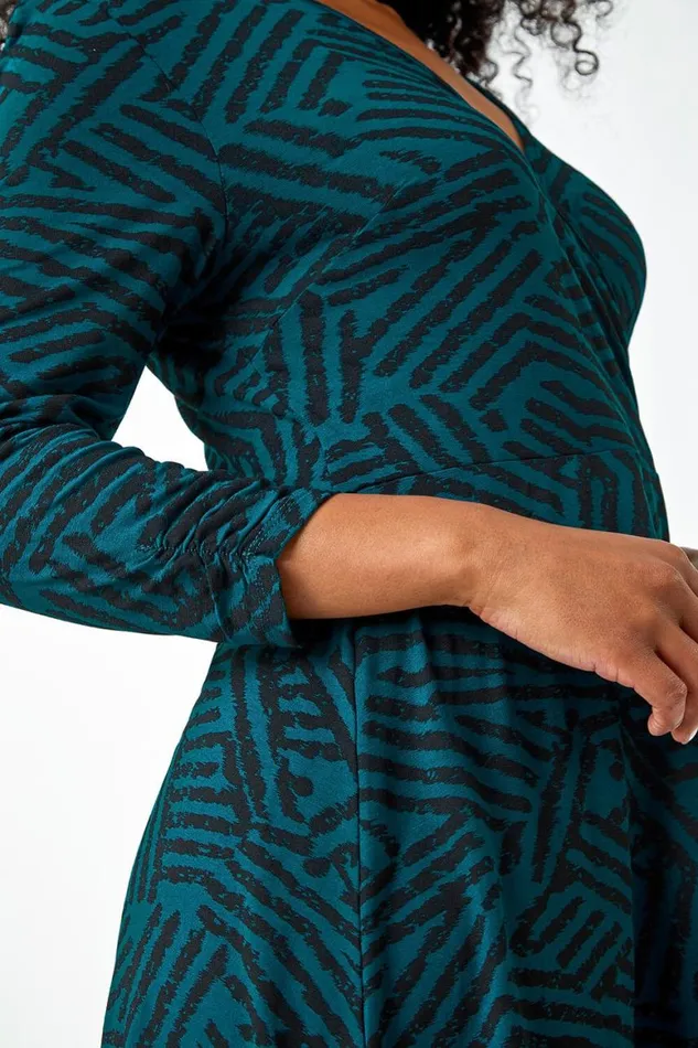 Women Teal Petite Mock Wrap Abstract Stretch Dress Roman Dresses