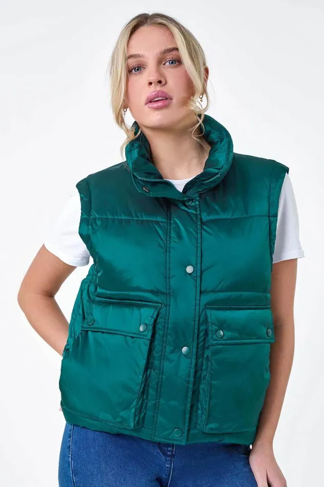 Women Teal Pocket Detail Quilted Gilet Roman Coats