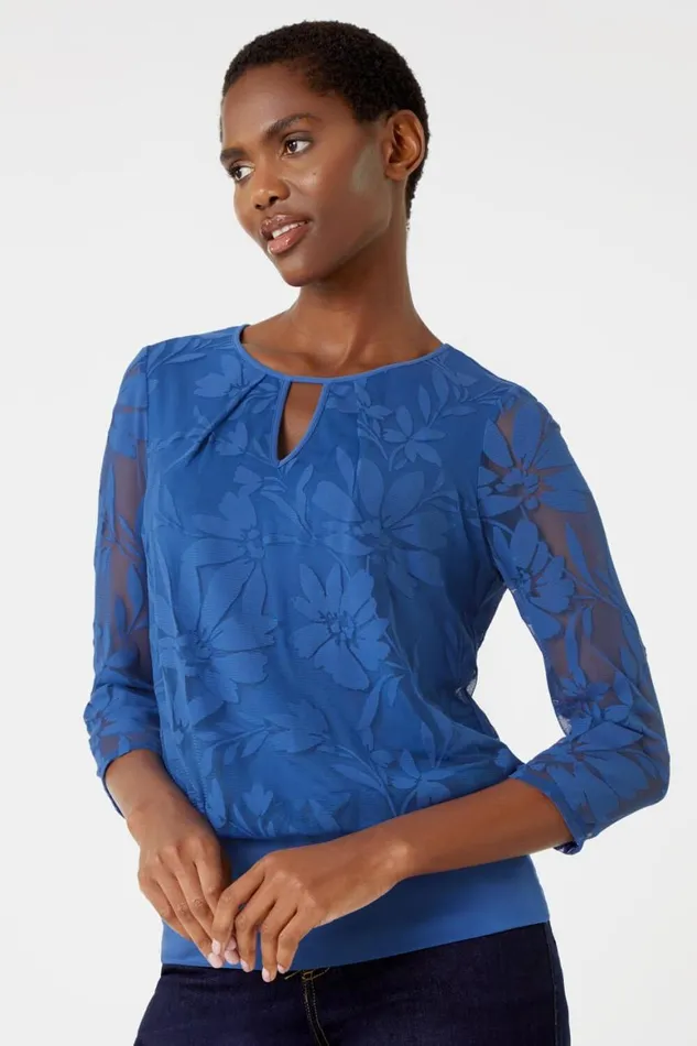 Women Textured Floral Print Blouson Stretch Top Roman Tops