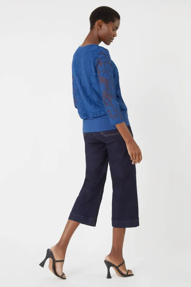 Women Textured Floral Print Blouson Stretch Top Roman Tops