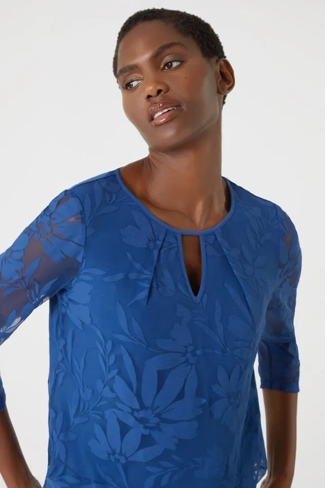 Women Textured Floral Print Blouson Stretch Top Roman Tops