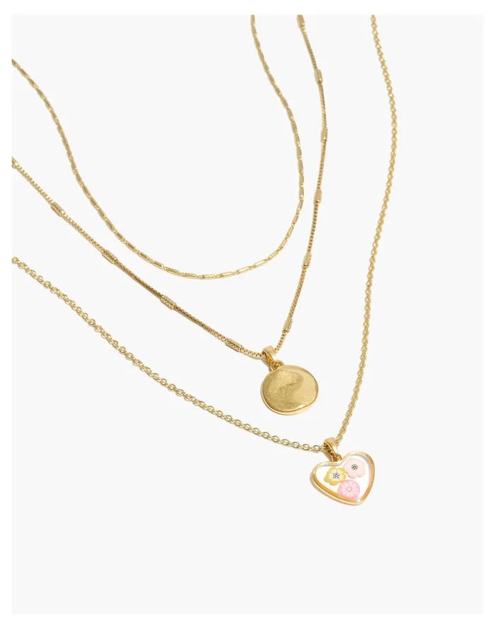 Women Three Piece Floral Heart Necklace Set Vintage Gold Madewell Necklaces