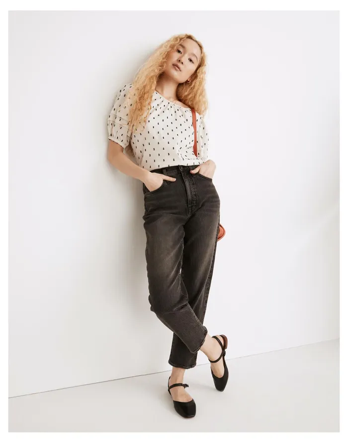 Women Tie Back Puff Sleeve Top In Clip Dot Black Cotton Clip Madewell Tops and Shirts