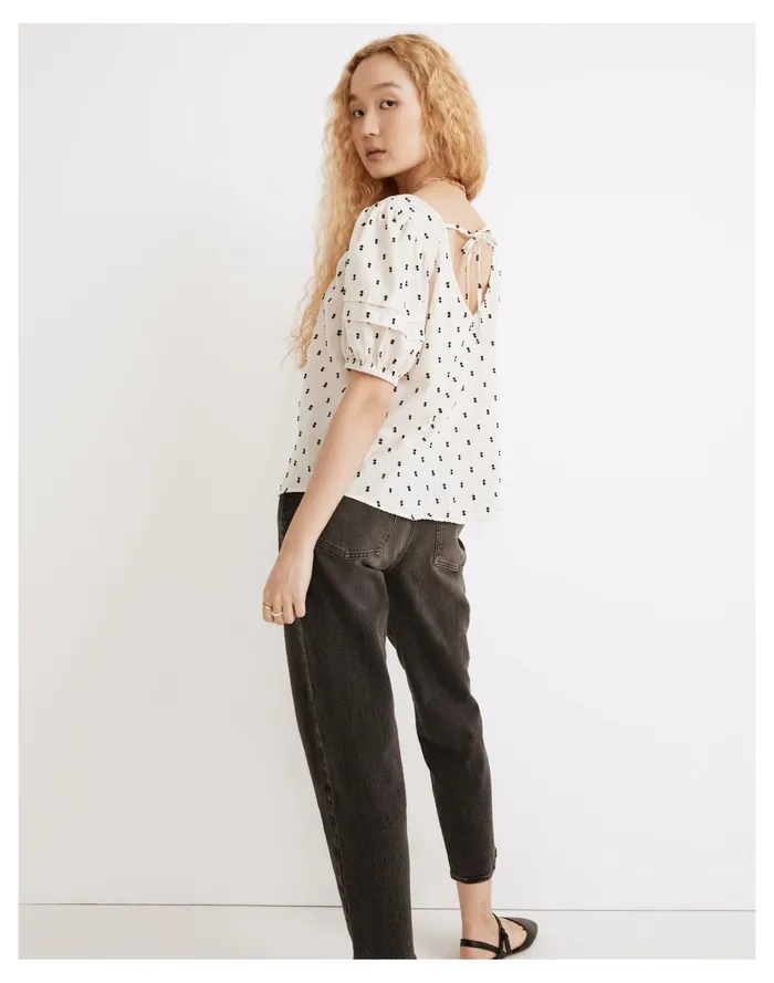 Women Tie Back Puff Sleeve Top In Clip Dot Black Cotton Clip Madewell Tops and Shirts Women Tie Back Puff Sleeve Top In Clip Dot Black Cotton Clip Madewell Tops and Shirts