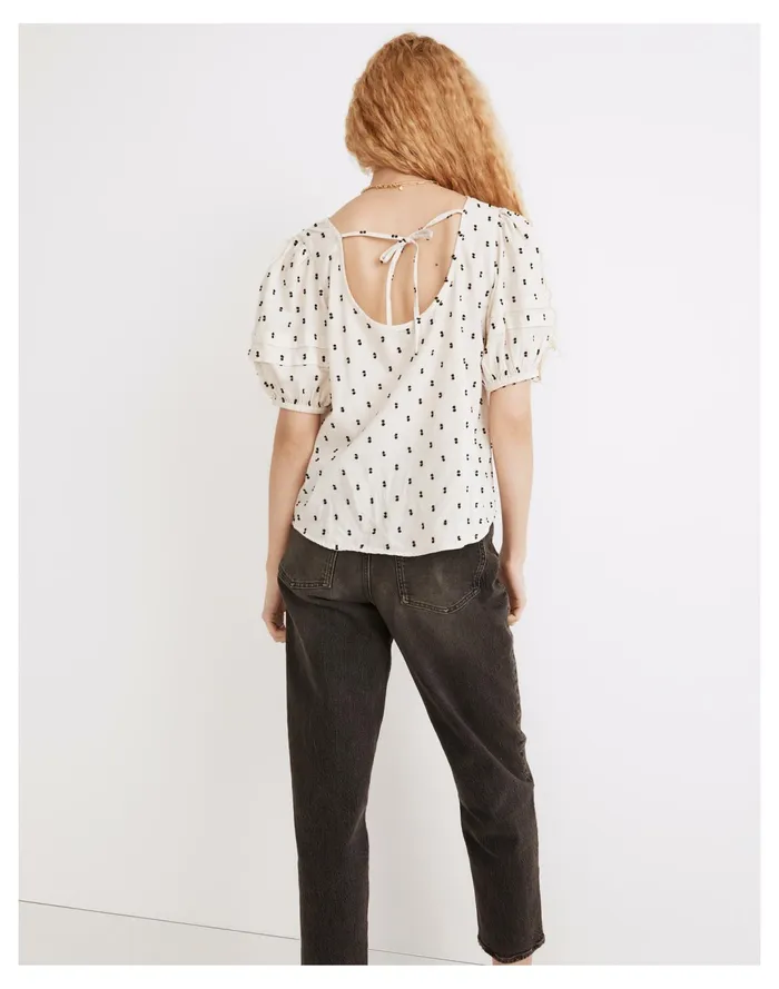 Women Tie Back Puff Sleeve Top In Clip Dot Black Cotton Clip Madewell Tops and Shirts Women Tie Back Puff Sleeve Top In Clip Dot Black Cotton Clip Madewell Tops and Shirts