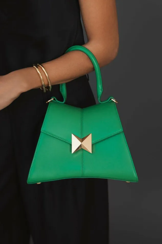 Women Top Handle Bags Mac Duggal Angular Small Green Leather Handbag With Gold Hardware Spring Green
