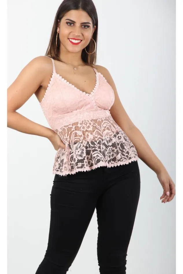 Women Top With Pink Lace Neckline Pink Brentiny Paris Lace Tops