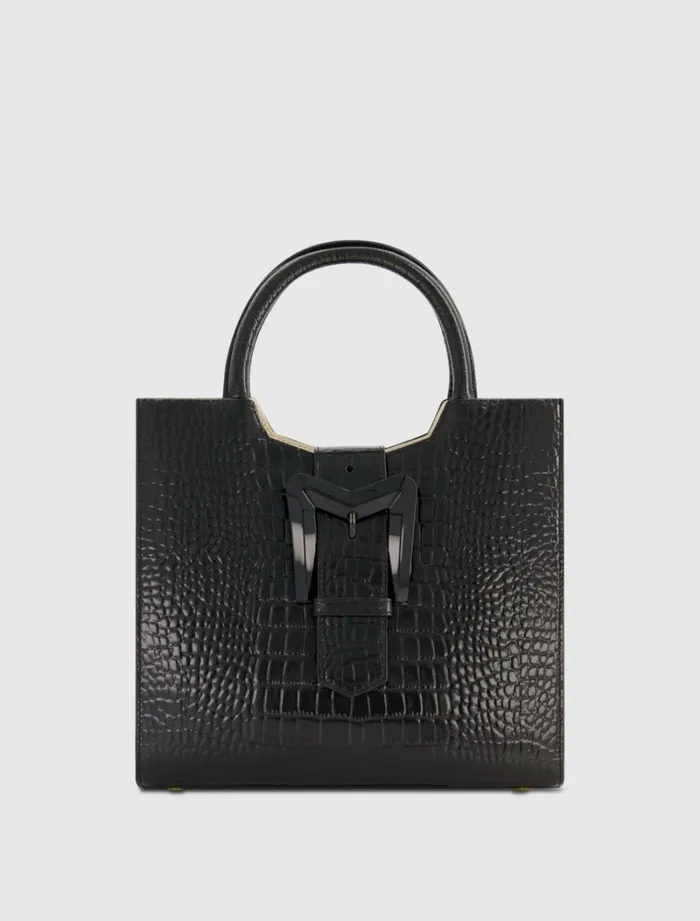 Women Totes Mac Duggal Buckled Medium Croco Black Leather Tote Bag With Detachable Strap Black