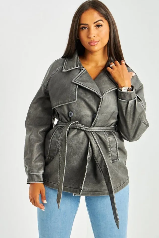 Women Trench Gris Fonc En Simili Cuir Chin Grey Brentiny Paris Coats