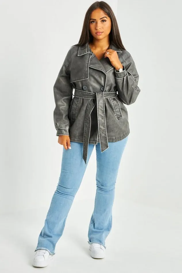 Women Trench Gris Fonc En Simili Cuir Chin Grey Brentiny Paris Coats