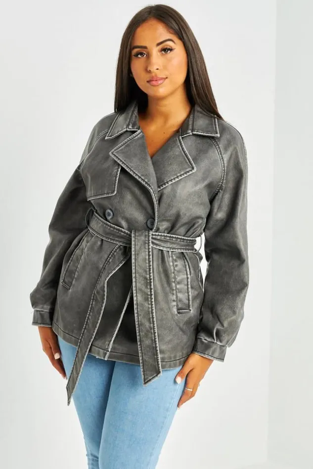 Women Trench Gris Fonc En Simili Cuir Chin Grey Brentiny Paris Coats