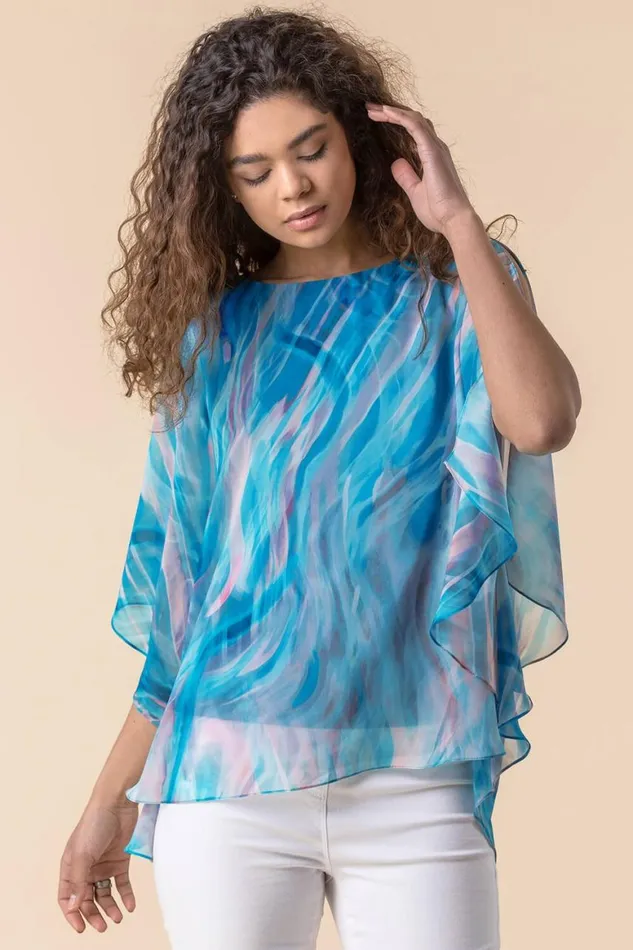 Women Turquoise Abstract Print Chiffon Top Roman Tops