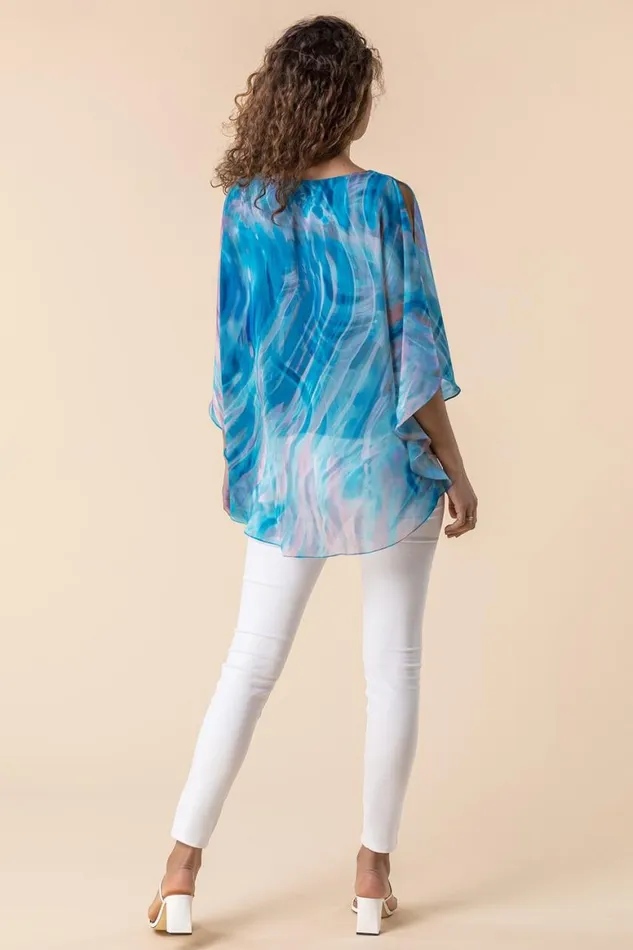 Women Turquoise Abstract Print Chiffon Top Roman Tops