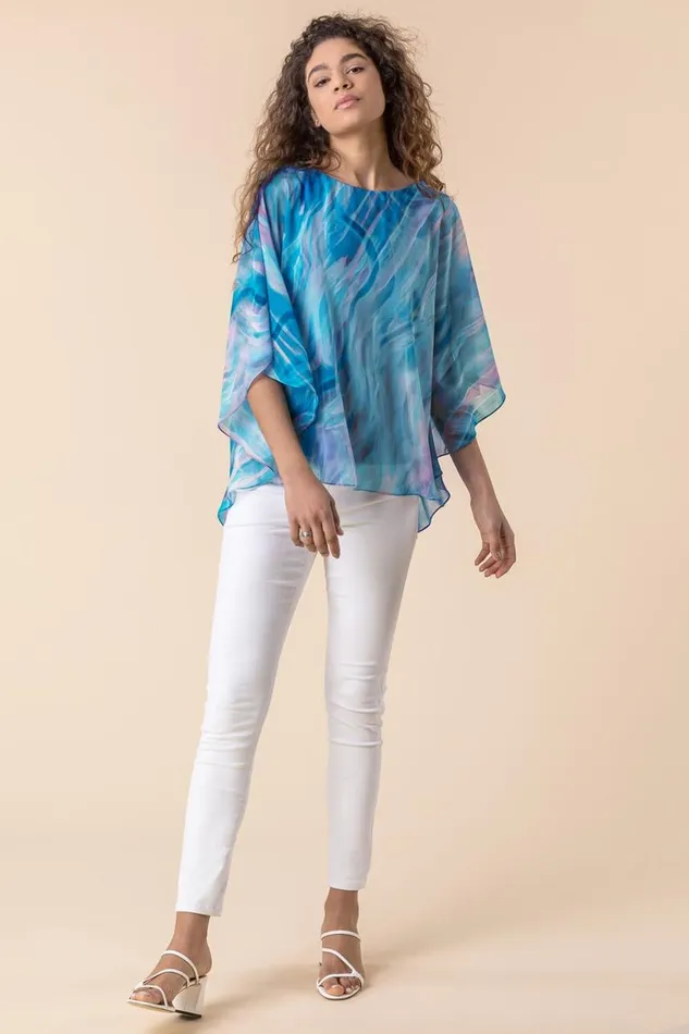 Women Turquoise Abstract Print Chiffon Top Roman Tops