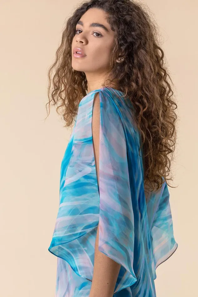 Women Turquoise Abstract Print Chiffon Top Roman Tops