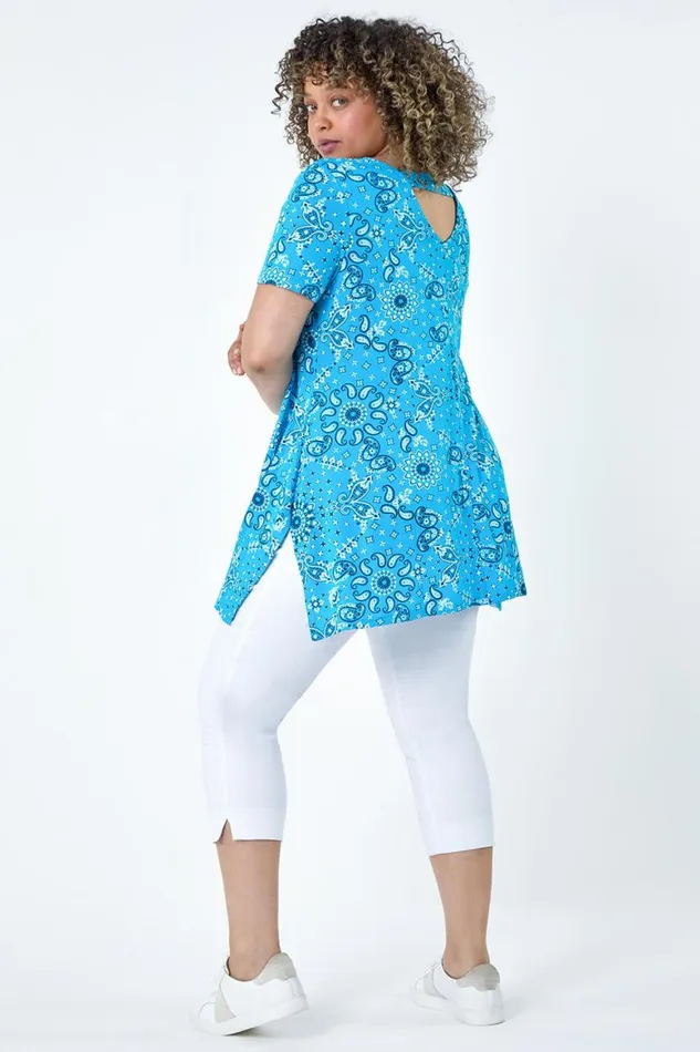 Women Turquoise Curve Paisley Back Bar Stretch Top Roman Tops
