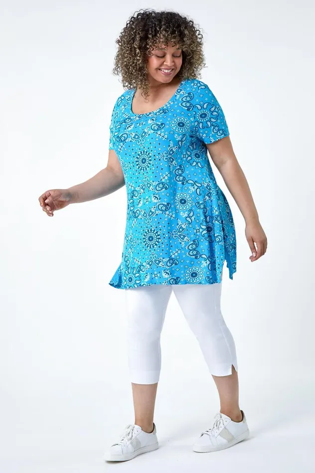 Women Turquoise Curve Paisley Back Bar Stretch Top Roman Tops