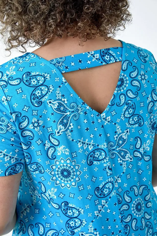 Women Turquoise Curve Paisley Back Bar Stretch Top Roman Tops