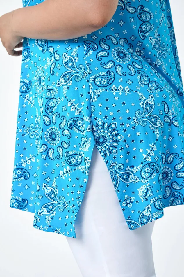 Women Turquoise Curve Paisley Back Bar Stretch Top Roman Tops