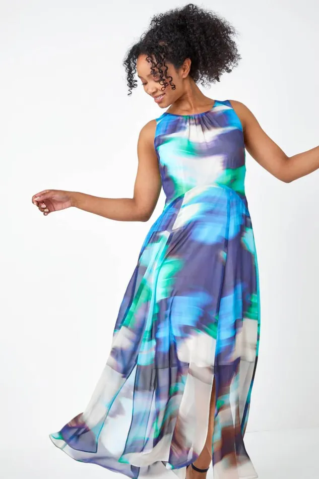 Women Turquoise Petite Abstract Print Maxi Dress Roman Dresses